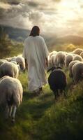 A serene journey pastoral scene of figure leading sheep in verdant meadow under a luminous sky photo