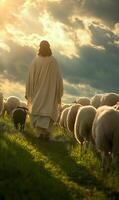 A tranquil scene of a shepherd guiding flock through a sunlit meadow under cloudy sky photo
