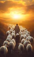 A Symbolic Journey A Shepherd Guides White Sheep Along a Path with a Single Black Sheep photo