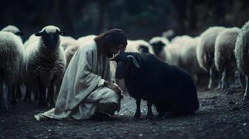 Compassionate Shepherd tending to a black sheep amidst a flock in gentle chiaroscuro light photo