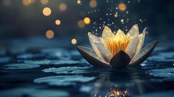 Ethereal lotus blossom illuminating serene waters with celestial magic and gentle bokeh lights photo