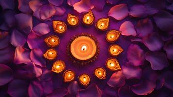 Festive celebration adorned with lit diyas and soft rose petals for deepavali festival photo