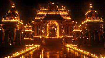 Radiant temple adorned with glowing lamps reflects the joyous spirit of the diwali festival photo