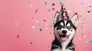 Joyful Husky Celebrating with Confetti and Party Hat in a Festive Atmosphere Creation photo