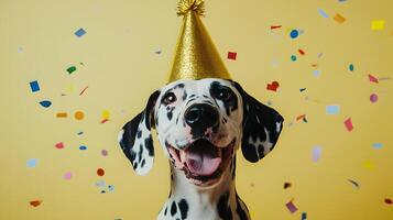 Festive canine celebration featuring a cheerful dalmatian wearing a golden party hat photo