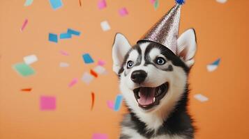 Festive husky puppy celebrating with party hat and confetti creating a celebratory mood photo
