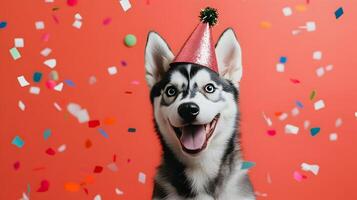 Festive husky pup celebrating a joyful event with a party hat and falling confetti photo