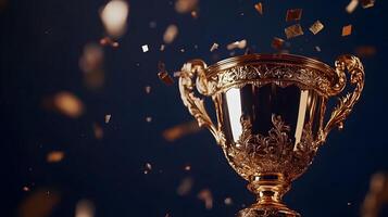Elegant golden trophy gleaming amidst falling confetti, symbolizing success and triumph photo