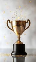Golden trophy standing proudly amidst festive confetti shower, a symbol of accomplishment photo