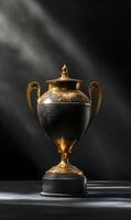 Tarnished Gold Trophy Against Dramatic Lighting, Symbolizing Victory and Achievement. photo