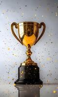 Golden trophy cup with festive confetti, symbol of success and achievement background photo