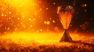 Golden trophy cup of victory and success with an illuminating bokeh effect background photo