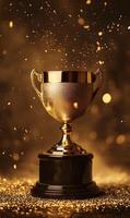 Trophy amidst sparkling golden particles, symbolizing achievement and recognizing victory photo