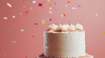 Celebration cake with candles, confetti and creamy frosting for birthdays or anniversaries photo
