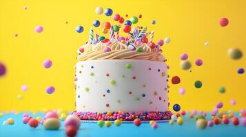 A Colorful Birthday Cake with Polka Dots and Floating Candies on Cheerful Background photo