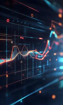 Futuristic analytical display with dynamic financial chart and informational grid elements photo