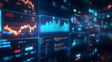Futuristic stock market analysis interface revealing complex graphs and data flow visualization photo