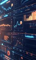 Financial data analytics interface displays stock charts, graphs, and digital currency indicators photo