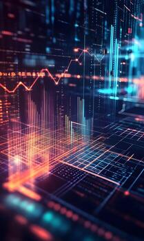 Dynamic financial analysis and reporting interface with glowing charts and data grids visuals photo