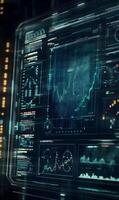 Sophisticated technology interface with financial data visualization for analytical strategies photo