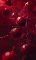 Captivating microphotograph depicting intricately structured malignant cells under vibrant red lighting photo