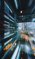 Abstract representation of data flow in futuristic server room with light streaks of code photo