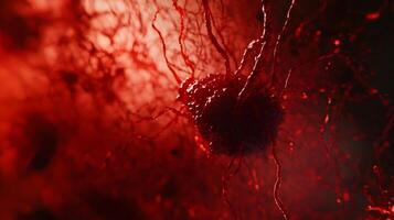 Abstract depiction of a cancer cell, highlighting its invasive tendrils and irregular structure photo