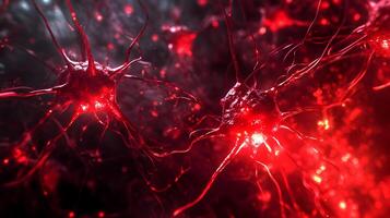 Microscopic representation displaying vibrant red cancer cells with radiating tendrils concept photo