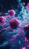 Detailed microscopic view exhibiting structure, and arrangement of cancer cell colonies within a sample photo
