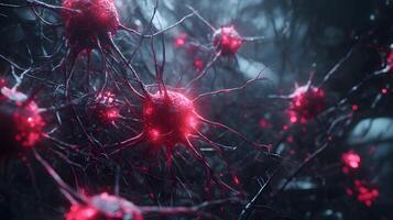 Abstract depiction of luminous red cellular structures against a dark background. photo