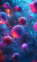 Abstract cancer cell structures highlighted with vibrant pink and blue luminescence photo