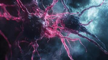 Intricate depiction showcases malignant cancer cells expanding across a blurred background photo