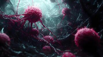 Artistic microscopic render showcases abnormal cellular formations within a biological structure photo