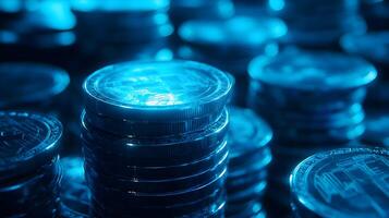 Digital currency stacks illuminated in blue with a financial market background effect style photo