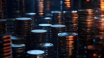 Accumulation of Wealth Multiple Metal Coins Stacked Neatly in Varying Heights and Subtle Lighting photo