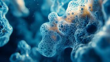 Intricate abstract representation showcasing organic, cellular structures with bioluminescent hues photo