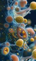 Intricate close-up reveals an ensemble of microscopic organisms with complex, abstract forms photo