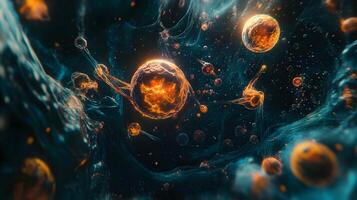 Surreal microscopic life forms in a science fiction universe with bioluminescent cells photo