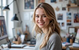 A woman is smiling while sitting at her desk photo