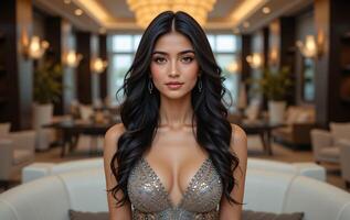 A captivating woman in a stylish silver dress exudes elegance while posing in a sophisticated indoor environment with intricate lighting and refined decor. photo