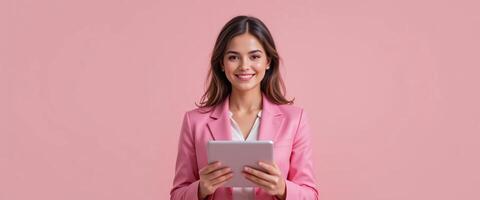 A woman in a pink suit holding a tablet computer photo