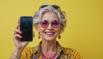 An older woman with glasses and a yellow background holding up a cell phone photo