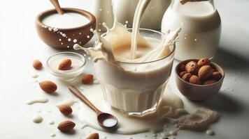 4K Milk Splash in a Mug, Surrounded By Cocoa Beans, on White Background, Widescreen 4K photo