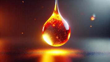 4K Realistic 3D Render Glowing Drop of Hot Molten Glass, Floating in The Air, Widescreen 4K Resolution photo