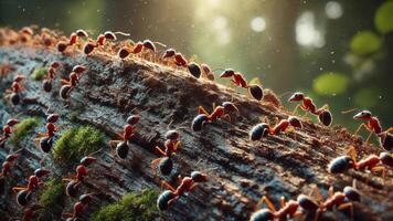 4K Ants Marching on A Log in A Forest, Widescreen 4K Resolution photo