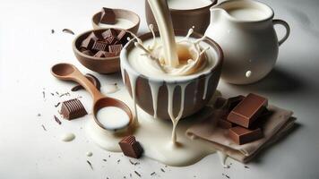 4K Milk Splash in A Mug, Surrounded By Chocolate, on White Background, Widescreen photo