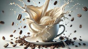 4K Milk Ripples and Splashes on Top of The Cup, Surrounded By Coffee Beans, on White Background, Widescreen 4K Resolution photo