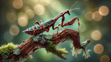 4K Realistic Macro Photograph Focusing on a Tree Branch and Praying Mantis with Intricate Textures, Widescreen 4K Resolution photo