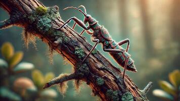 4K Realistic Macro Photograph Focusing on a Tree Branch and Stick Insect with Intricate Textures, Widescreen 4K Resolution photo