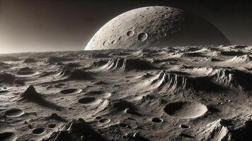 4K Realistic View of The Surface of Mercury, Rocky Landscape Is Covered in Dust and Impact Craters, Widescreen 4K Resolution photo